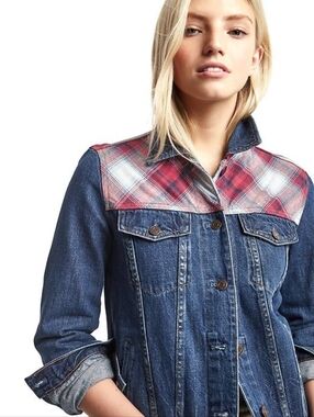 GAP X PENDLETON Women Jeans Jacket Size Small Plaid And Denim Button Closure